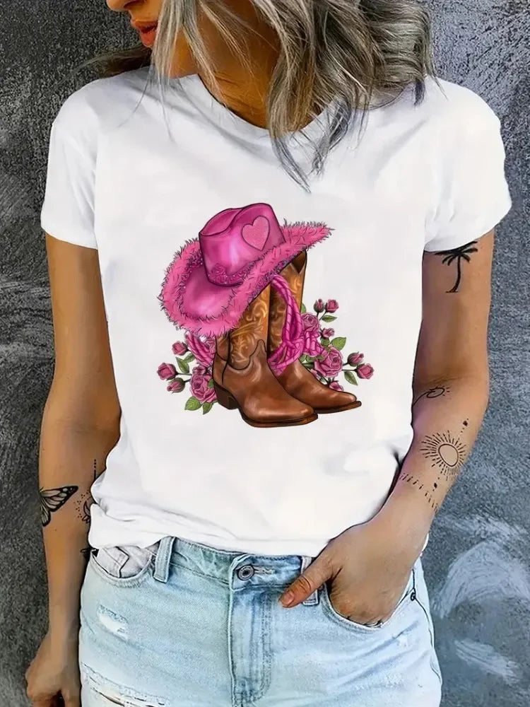 Cowgirl & Floral Print T-shirt