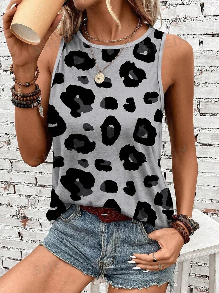 Leopard Print Casual Crew-neck Tank Tops