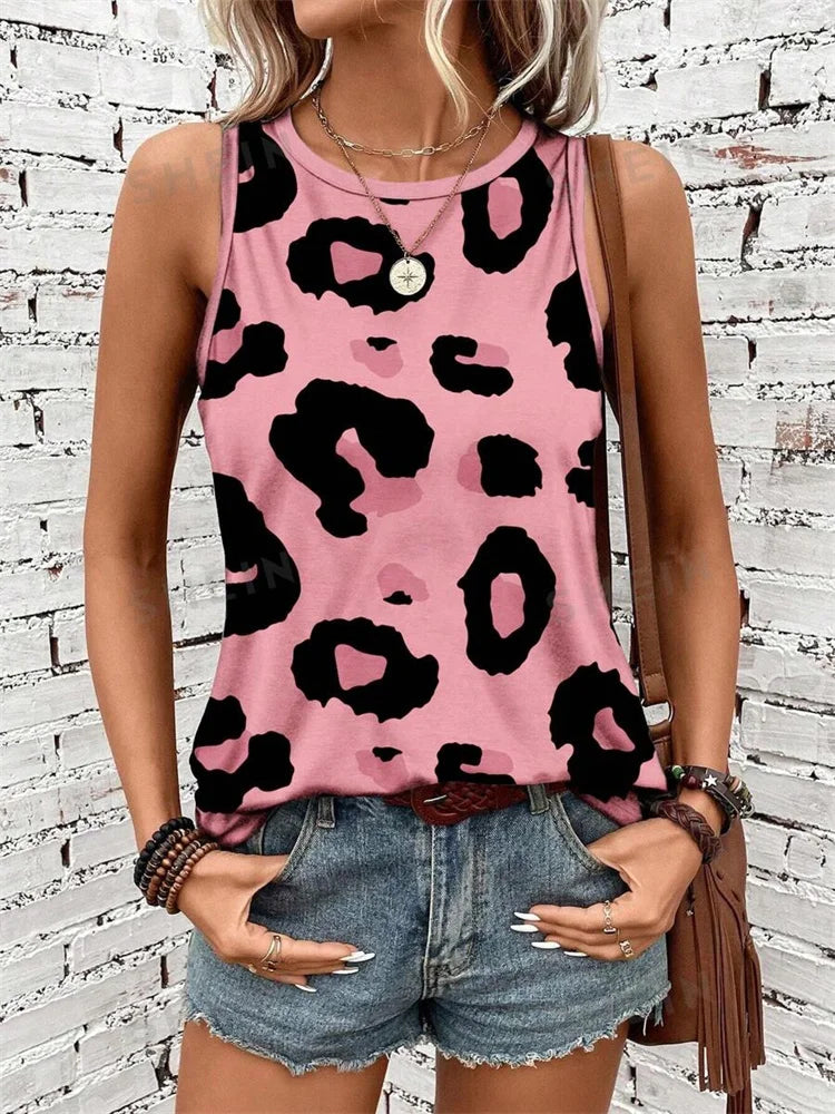 Leopard Print Casual Crew-neck Tank Tops