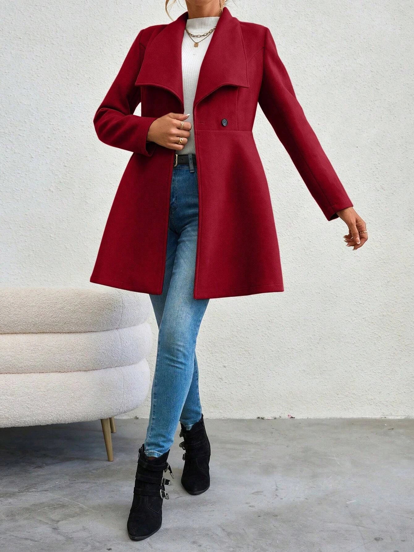 Solid Colour Long Sleeve Lapel Button-Up Coat