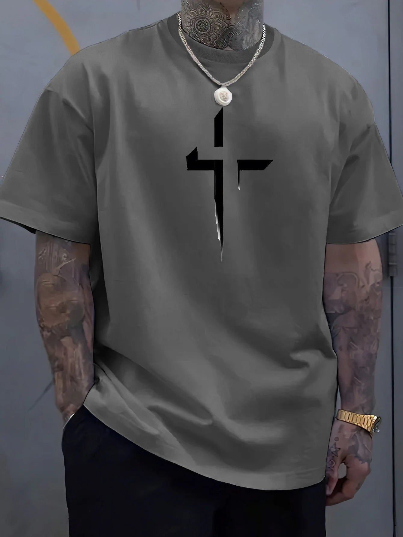 Men's 100% Loose Cross Creative Print T-shirt