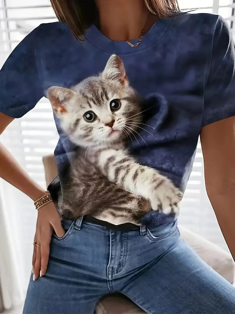 Curve 3D Cat Print T-shirt
