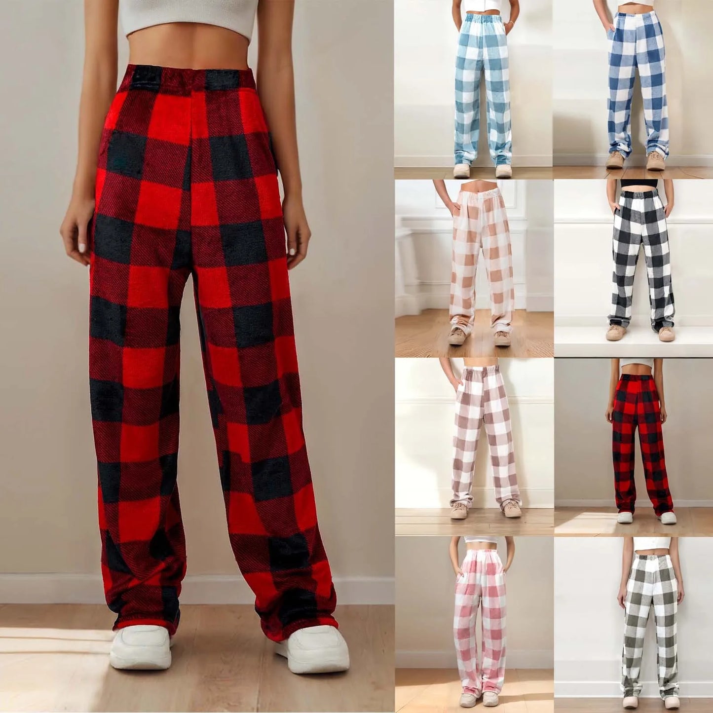 Plush Plaid Pyjama Bottoms with Pockets