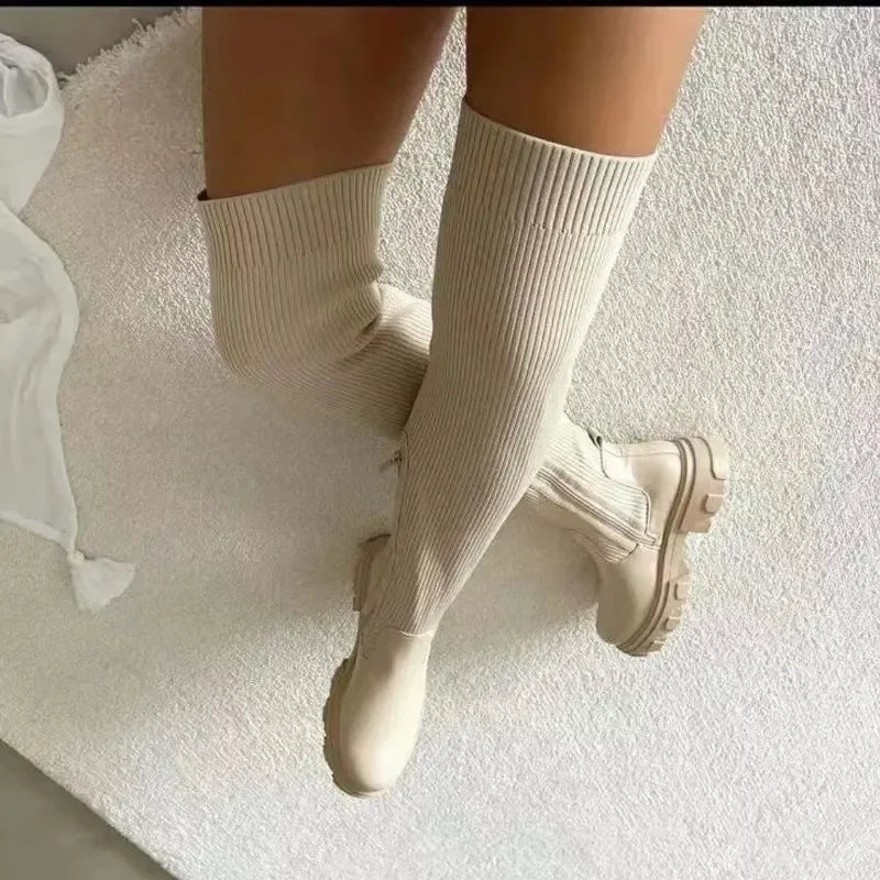 Knee Length Fabric Top Leather Surface Boots