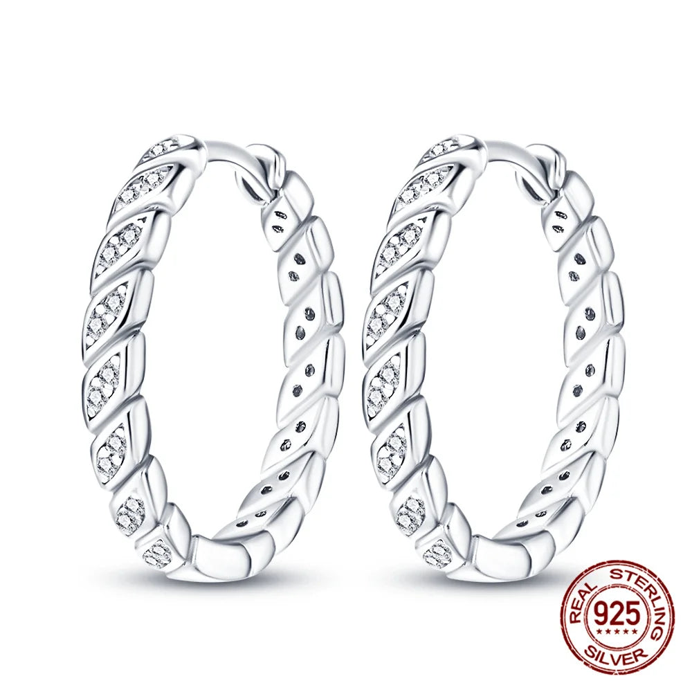 Silver Simple Stone Inlaid Hooped Earrings