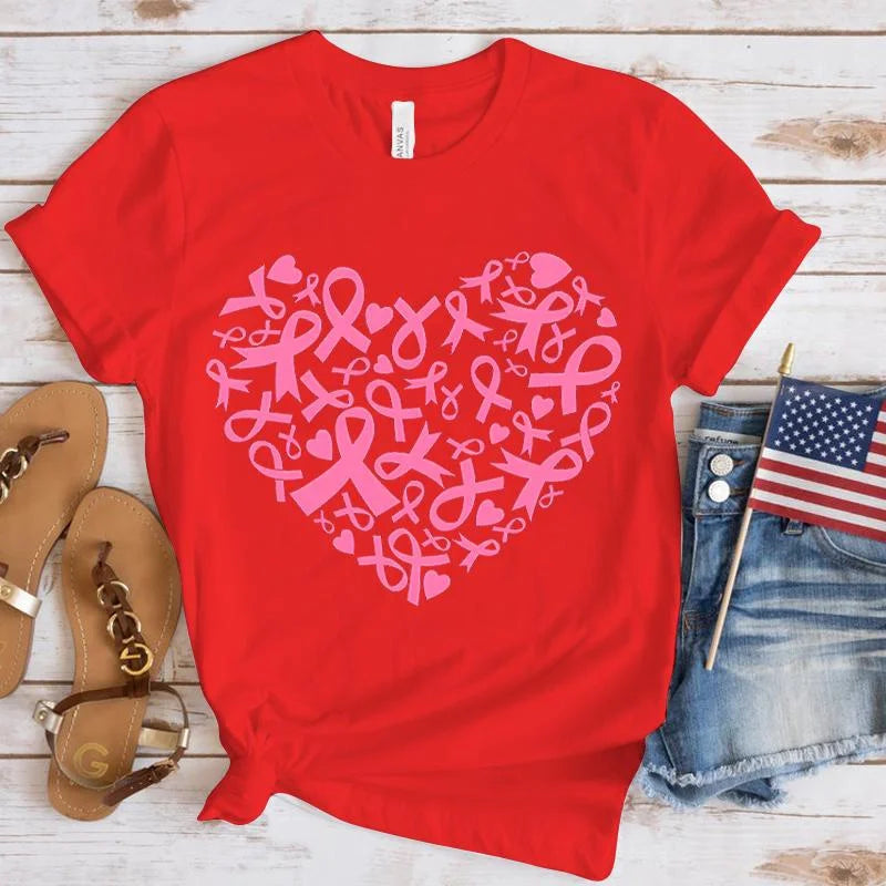 Breast Cancer Awareness Heart Print T-Shirt