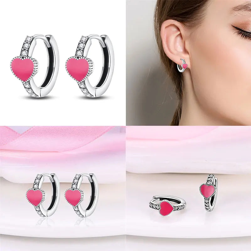 Pink Heart Hooped Silver Earrings