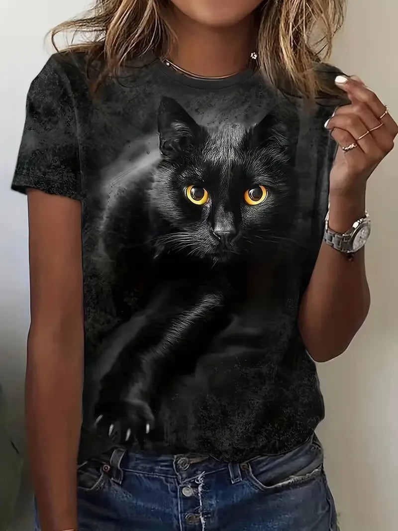 Curve 3D Cat Print T-shirt