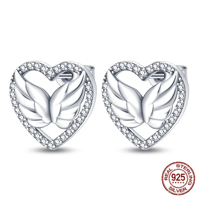 Angel Wings in a Heart Studded Silver Earrings