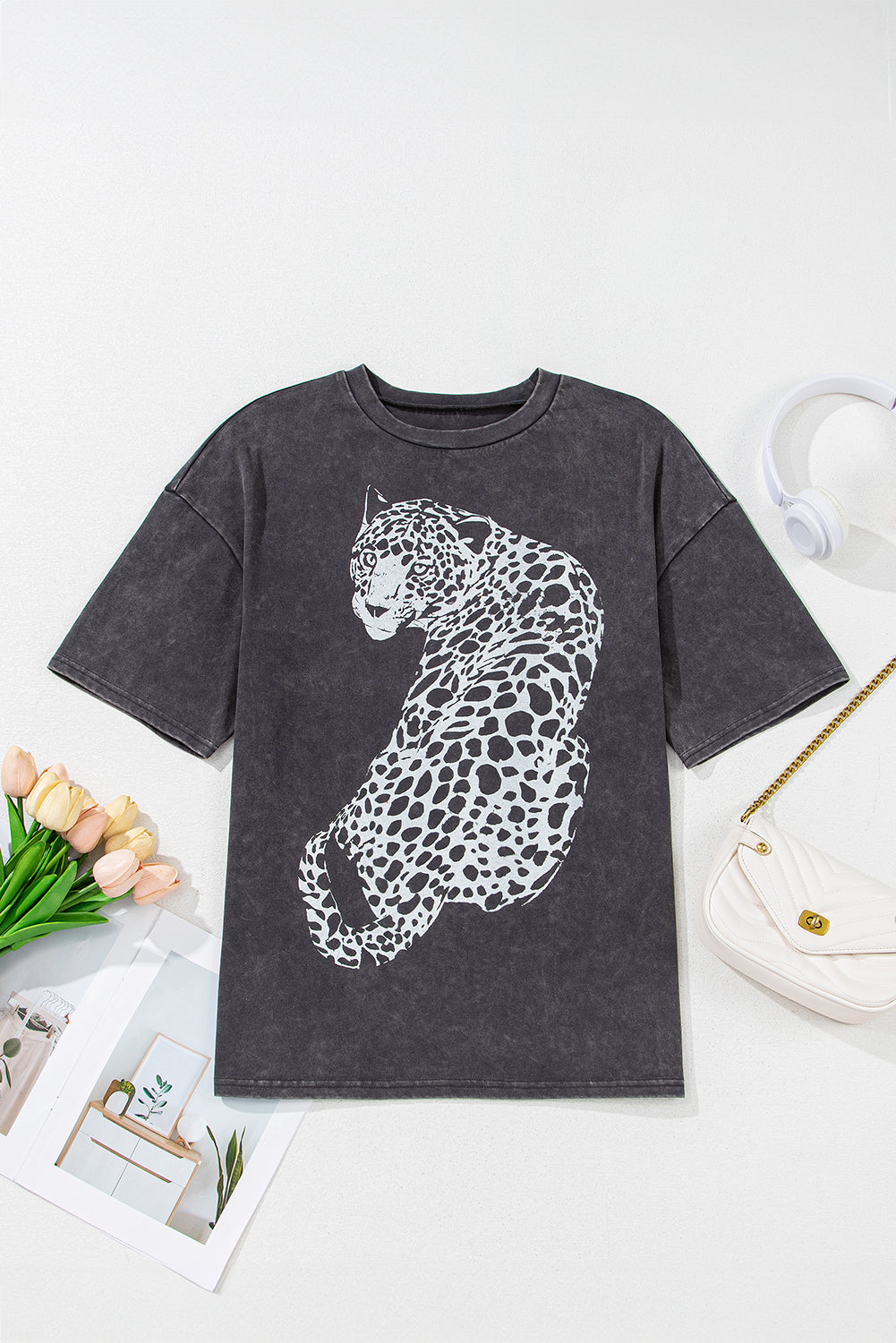 Medium Grey Vintage Cheetah Printed Mineral Wash Graphic Top