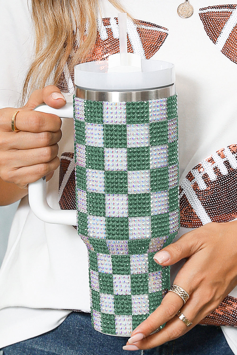 Full Rhinestone Checkerboard Handled Tumbler 40oz