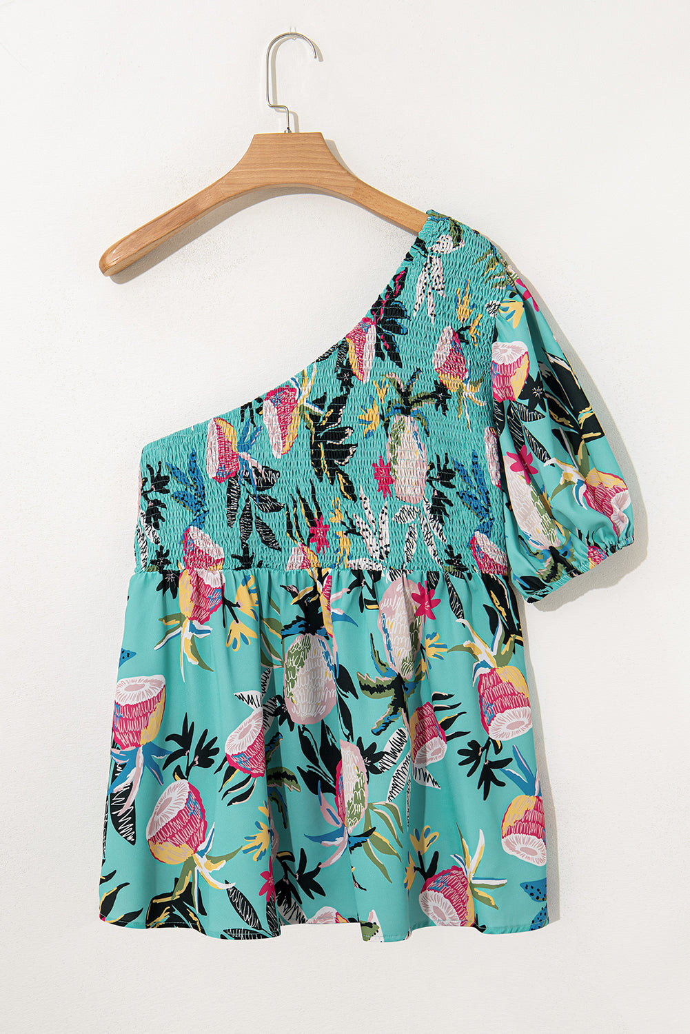 Curve Green Floral Smocked Bodice Single Puff Short Sleeve Babydoll Blouse