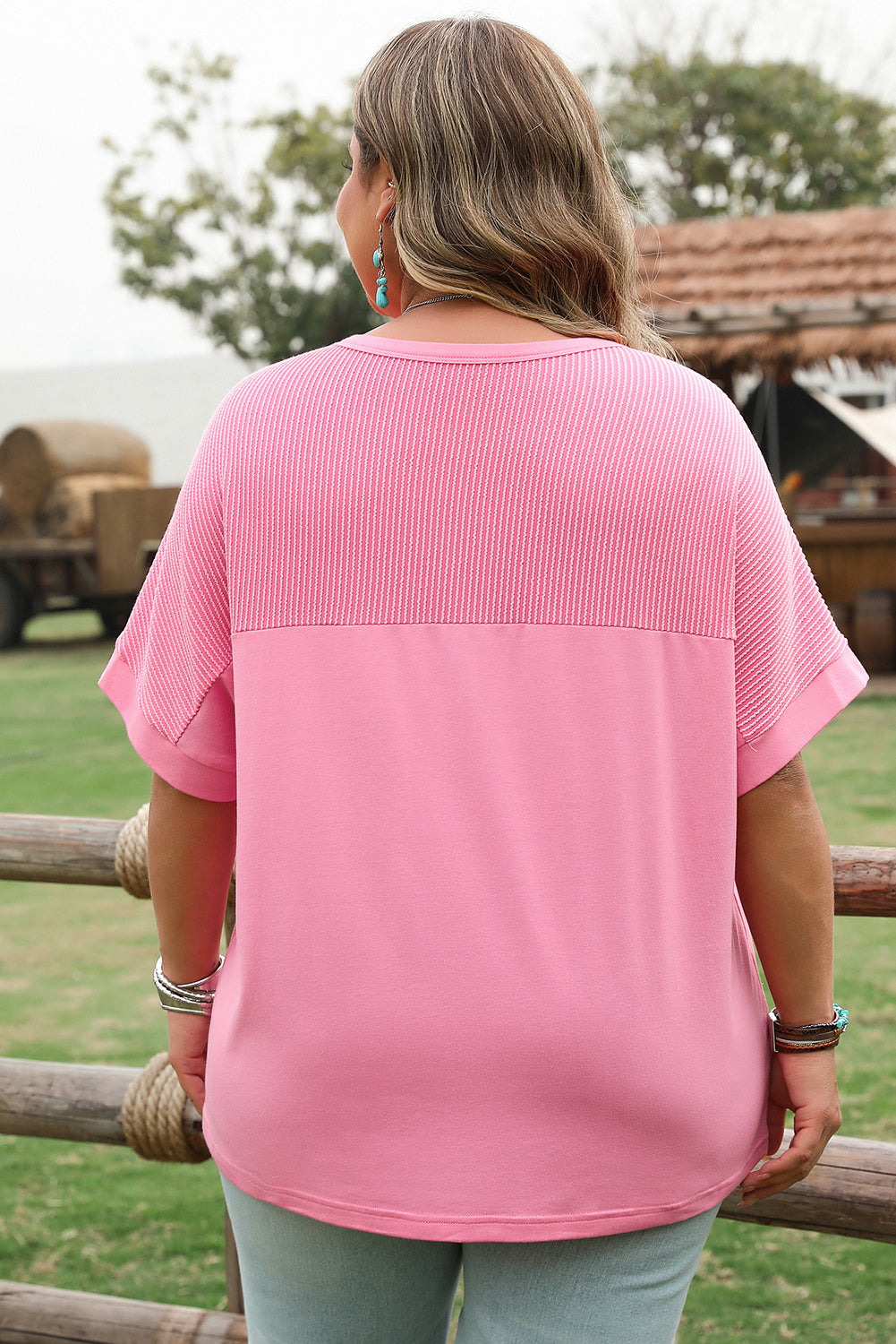 Curve Bonbon Corded Patchwork Pocketed T Shirt