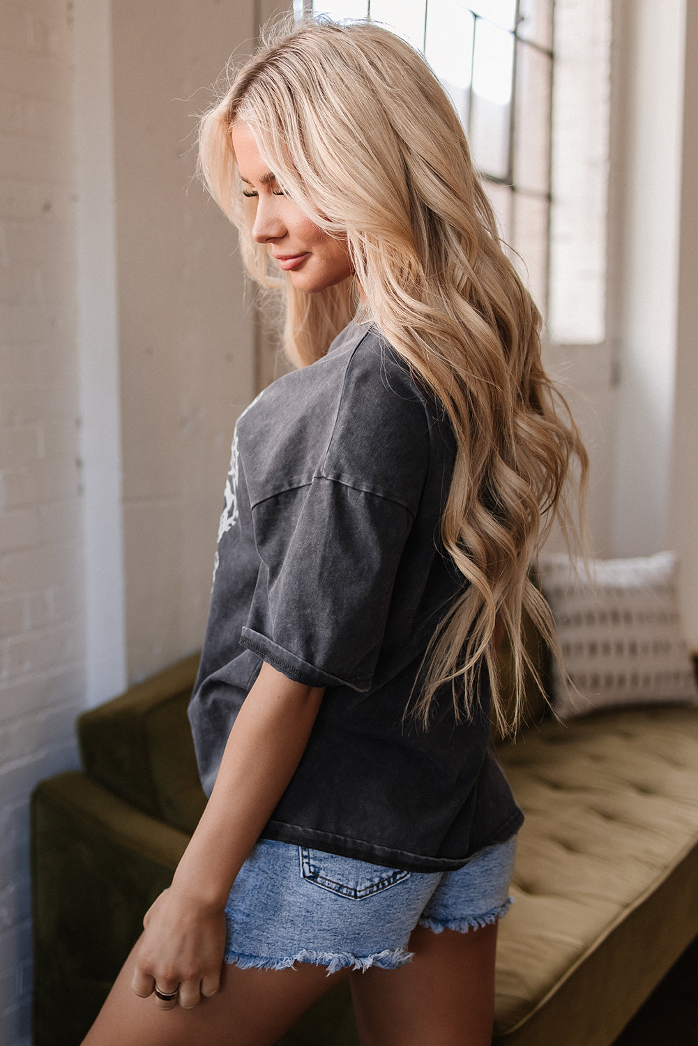 Medium Grey Vintage Cheetah Printed Mineral Wash Graphic Top