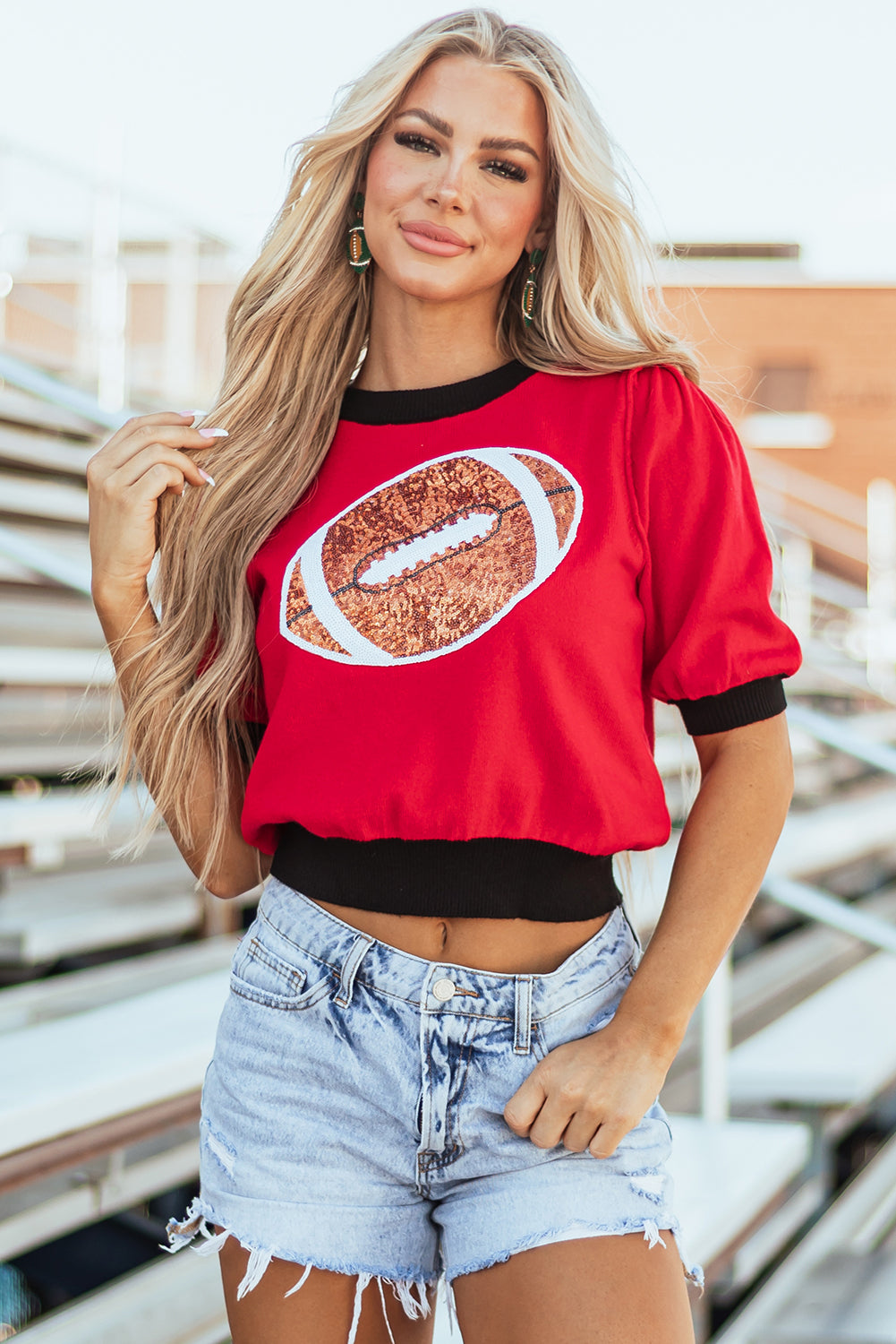 Sequin Rugby Colour Block Puff Short Sleeve Sweater