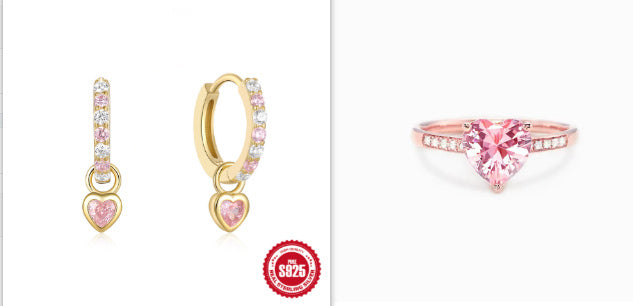 S925 Sterling Silver Pink Heart Adjustable Ring & Earrings