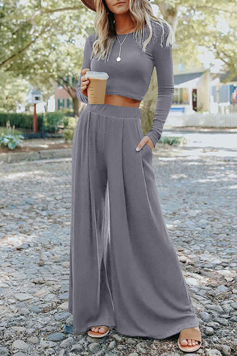 Solid Colour Ribbed Crop Top Long Pants Set