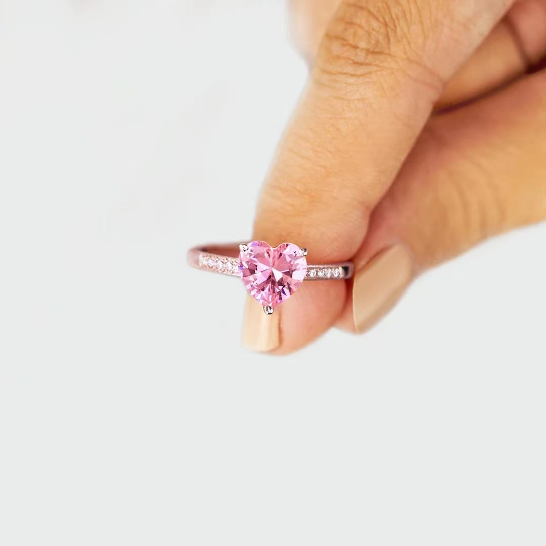S925 Sterling Silver Pink Heart Adjustable Ring & Earrings