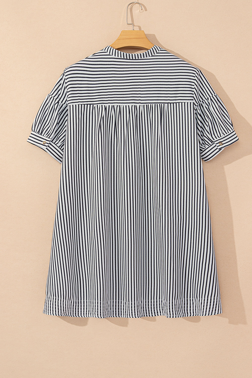 Curve Black Stripe Short Sleeve Buttoned V Neck Pocketed Mini Dress