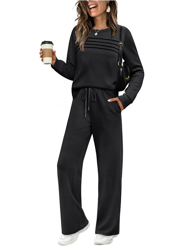 Casual Rib Pattern Top & Wide-leg Pants Set