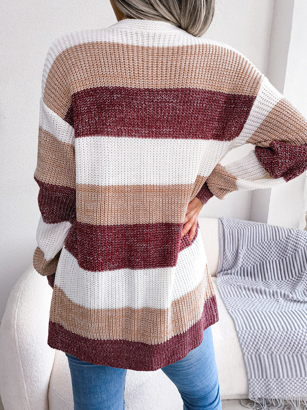 Striped Casual Lantern Sleeves Cardigan
