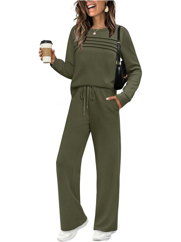 Casual Rib Pattern Top & Wide-leg Pants Set