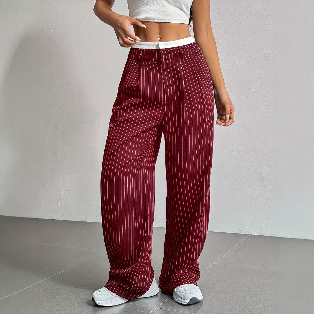 Pinstriped High Waist Straight Leg Trousers