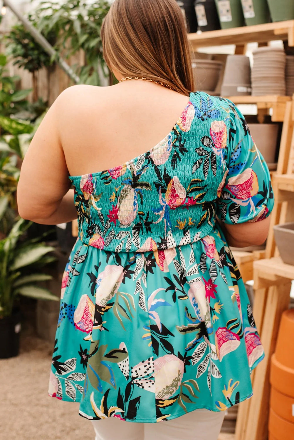 Curve Green Floral Smocked Bodice Single Puff Short Sleeve Babydoll Blouse