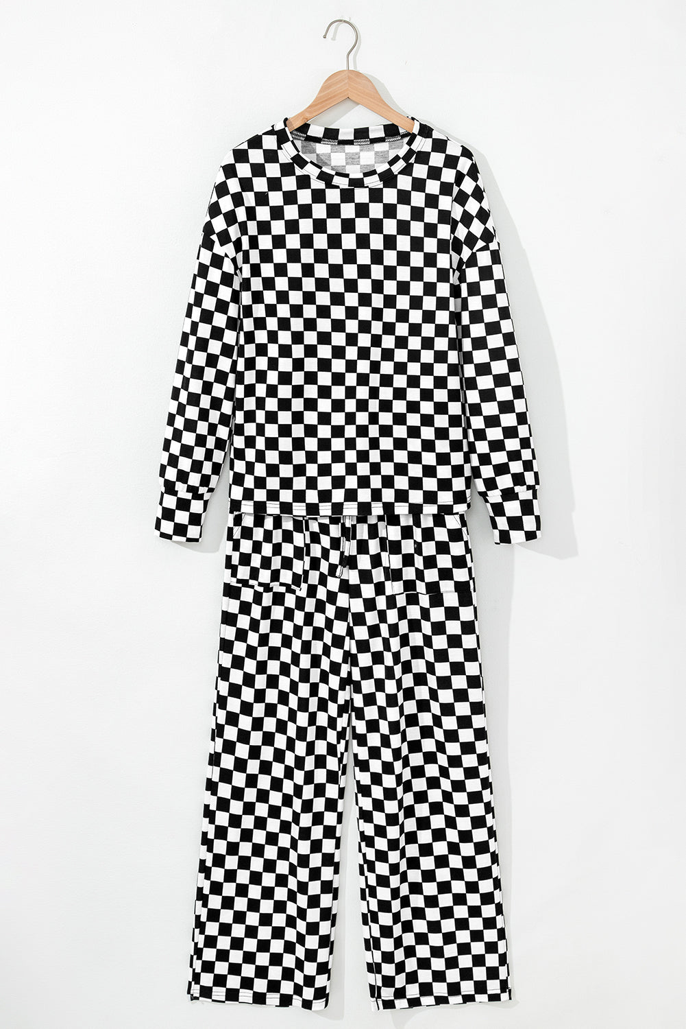 Checkered Print Long Sleeve Top and Pants Lounge Set