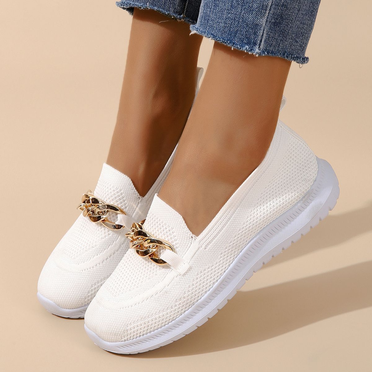 Chain Detail Mesh Breathable Woven Slip-on Trainers
