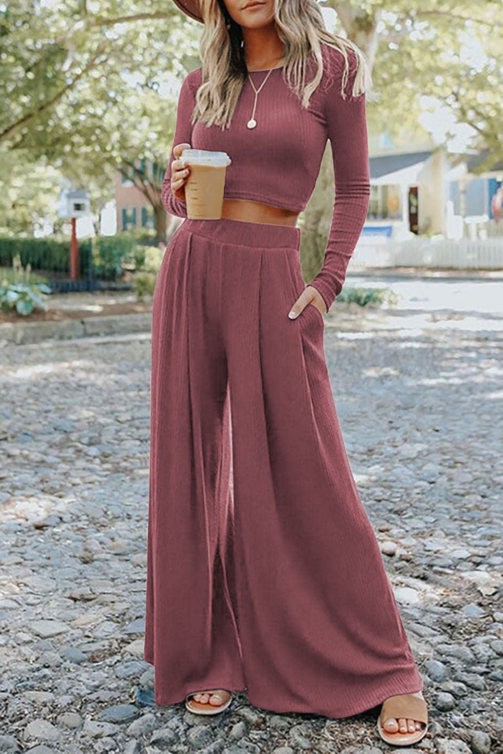 Solid Colour Ribbed Crop Top Long Pants Set