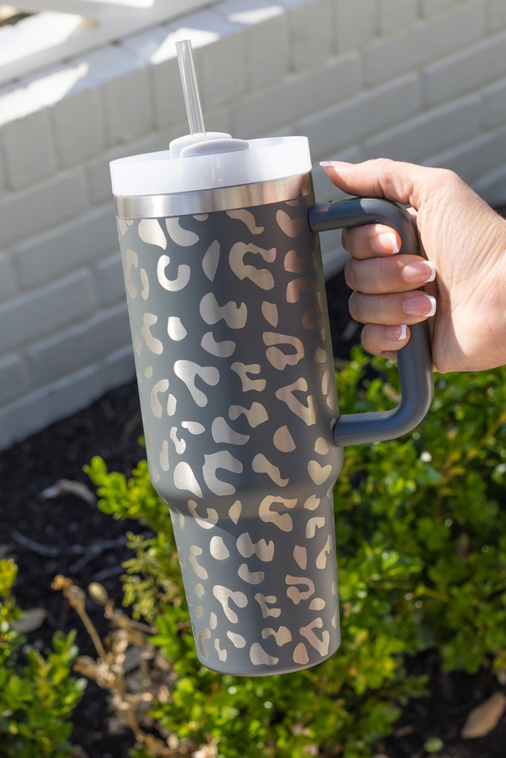 Grey Leopard Print 40OZ Stainless Steel Portable Cup with Handle