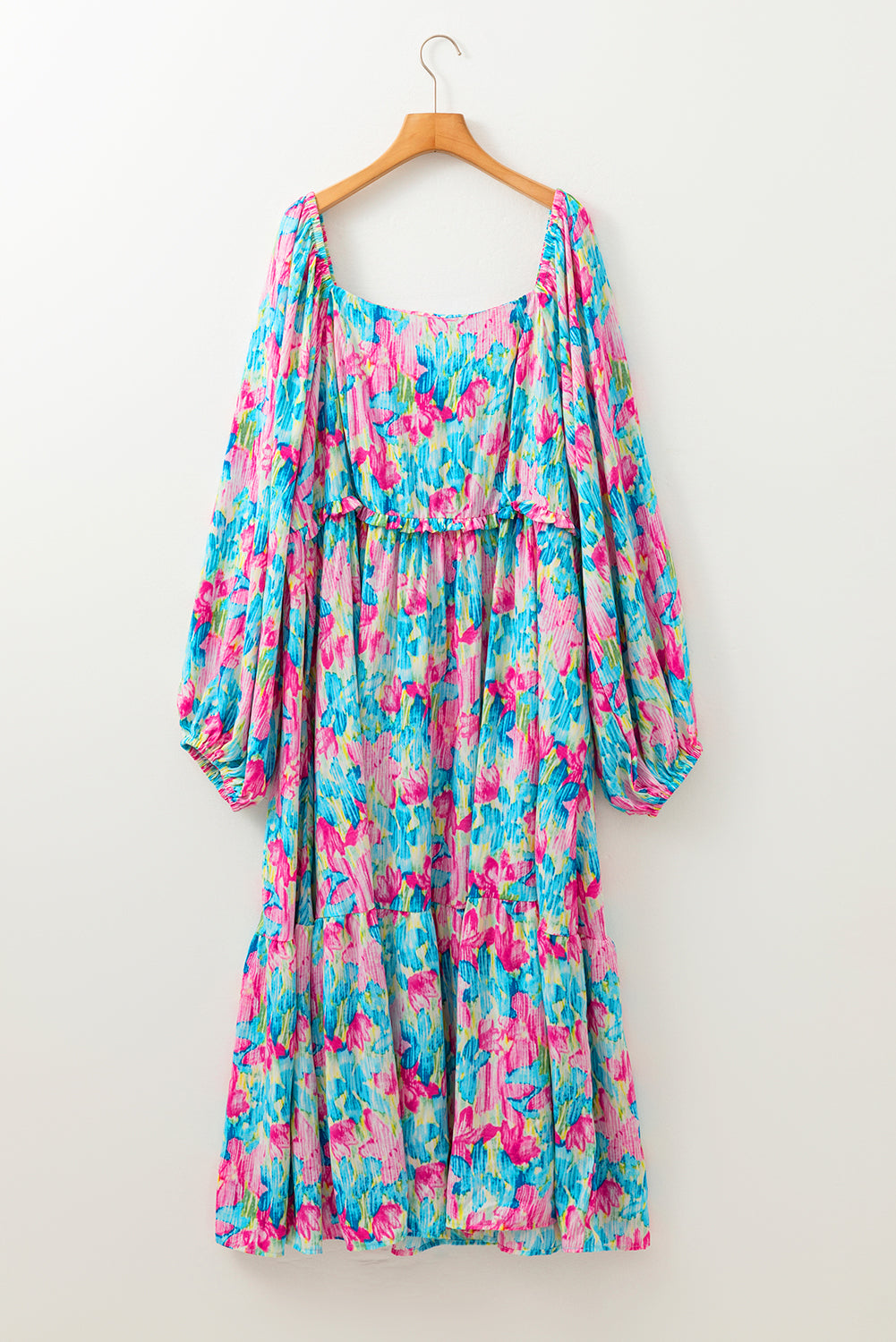 Curve Sky Blue Floral Allover Print Shirred Square Neck Maxi Dress
