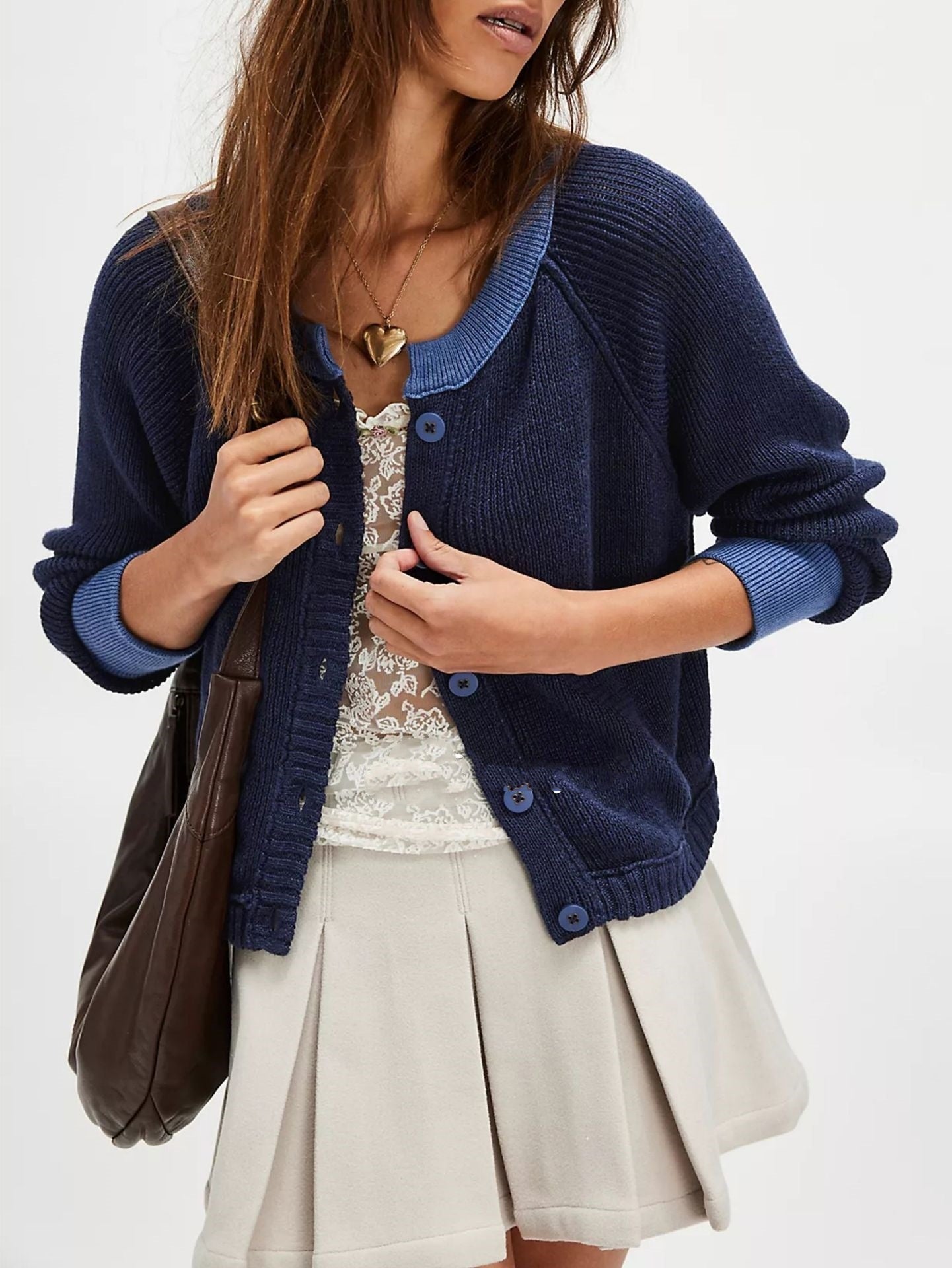 Contrast Colour Round Neck Cardigan