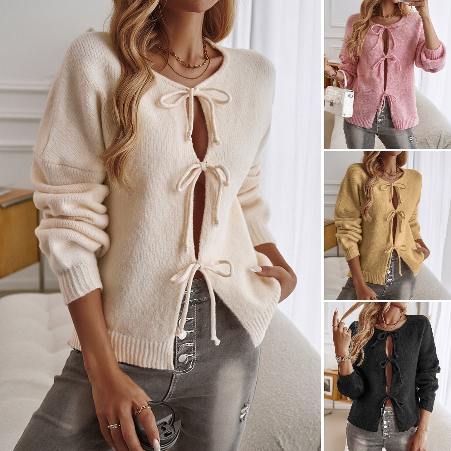 Lace-up Solid Colour Cardigan