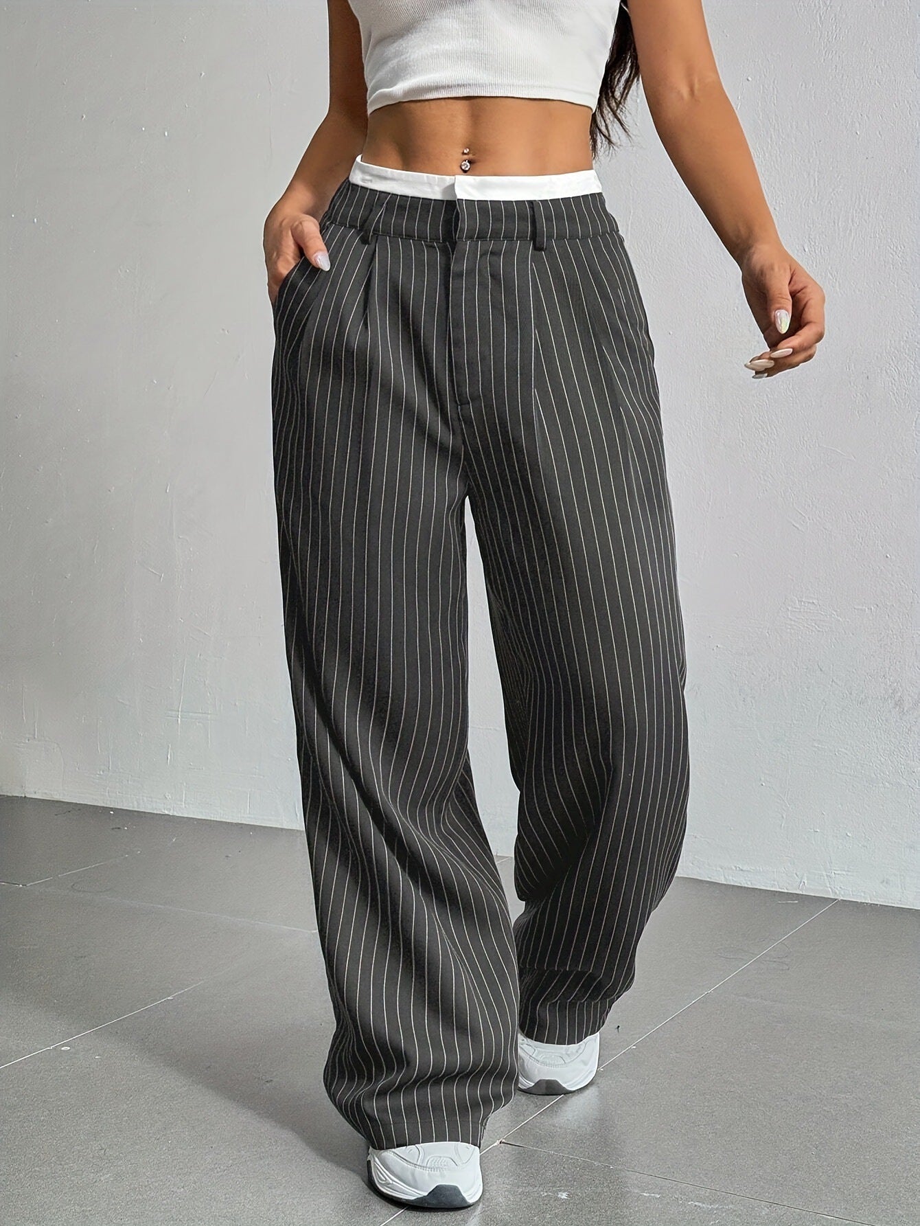 Pinstriped High Waist Straight Leg Trousers