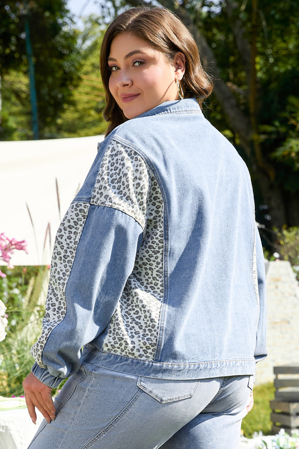 Curve Beau Blue Leopard Patchwork Flap Detail Denim Jacket