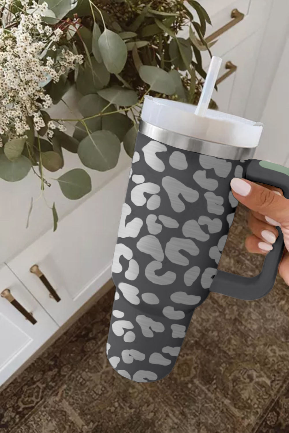 Grey Leopard Print 40OZ Stainless Steel Portable Cup with Handle