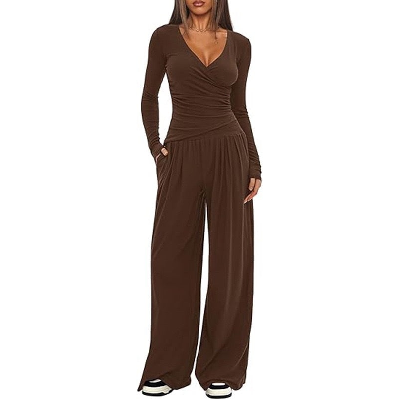Cross-body Loose Wide-leg Casual Top & Pants Set
