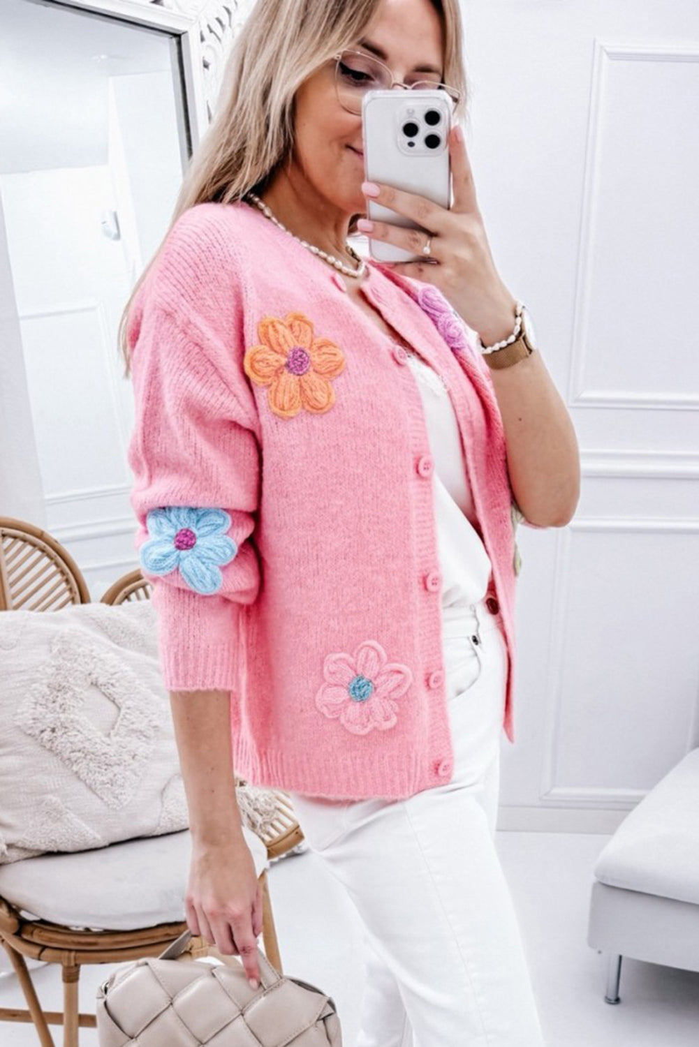 Cute Knitted Floral Pattern Button Up Cardigan