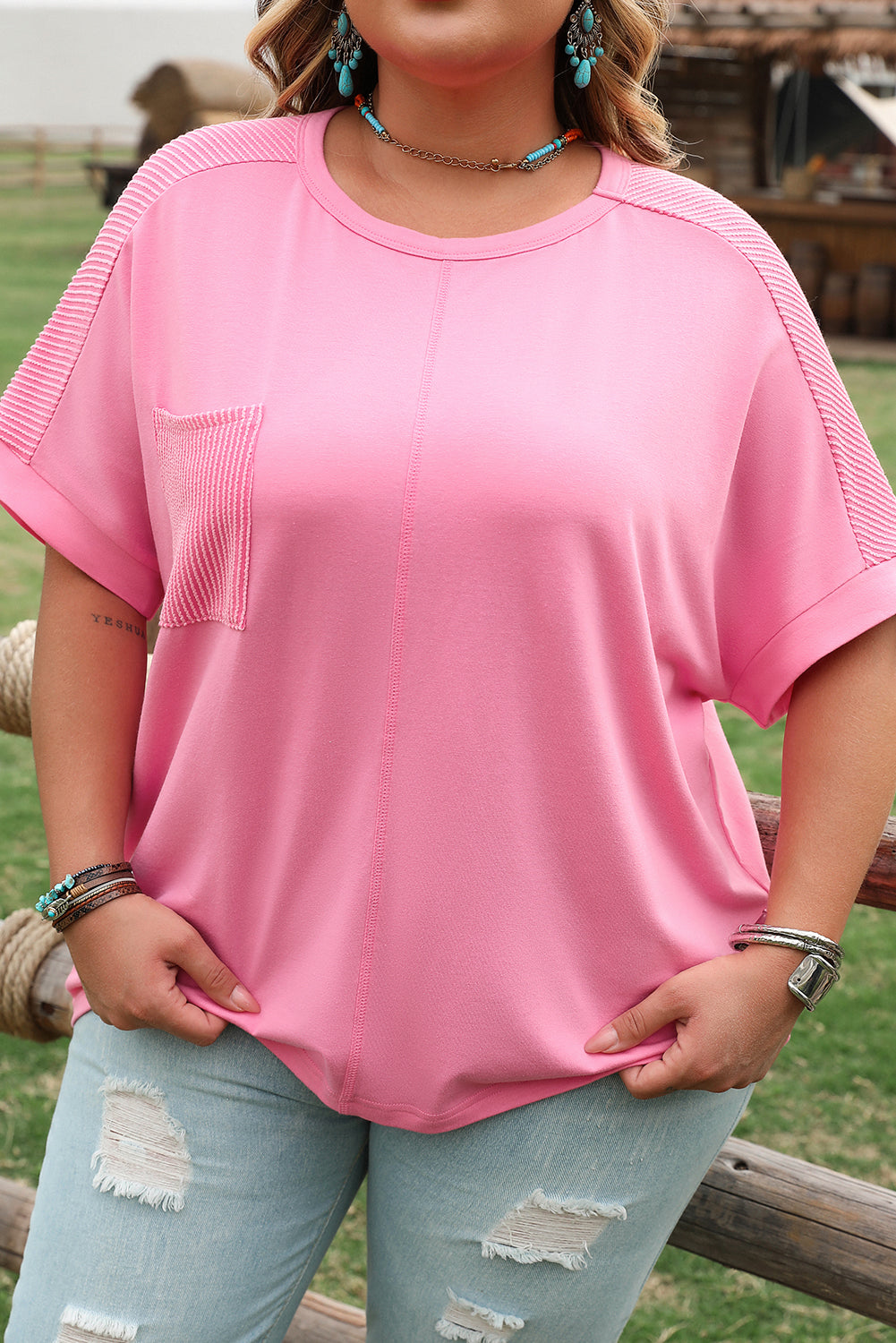 Curve Bonbon Corded Patchwork Pocketed T Shirt