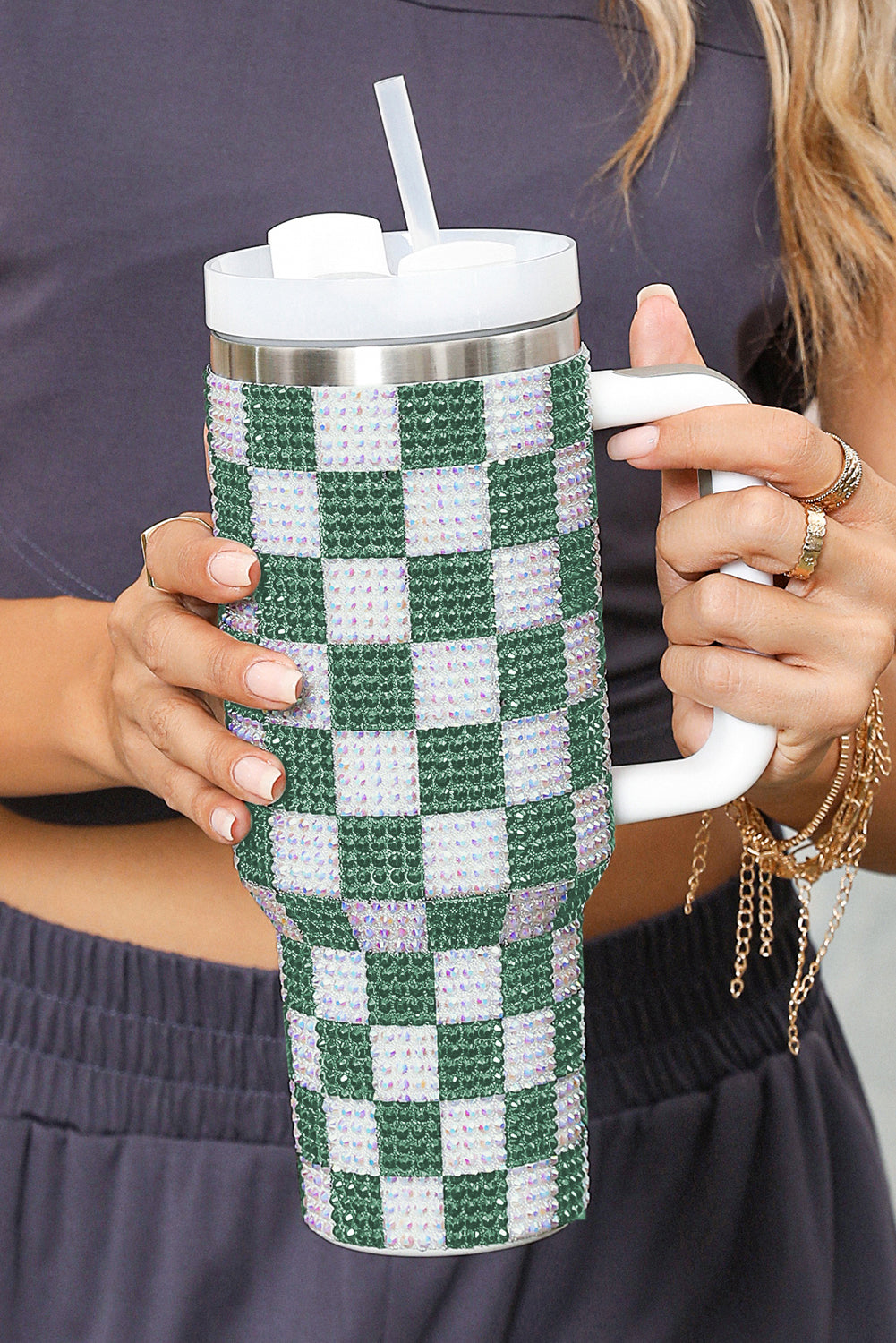 Full Rhinestone Checkerboard Handled Tumbler 40oz