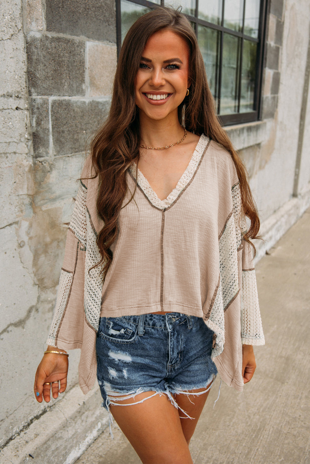 Crochet Detail Exposed Seam High Low Loose Top