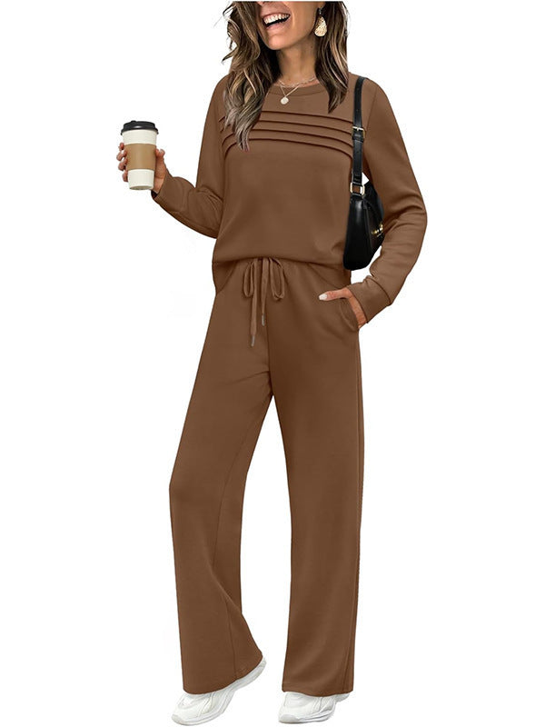 Casual Rib Pattern Top & Wide-leg Pants Set