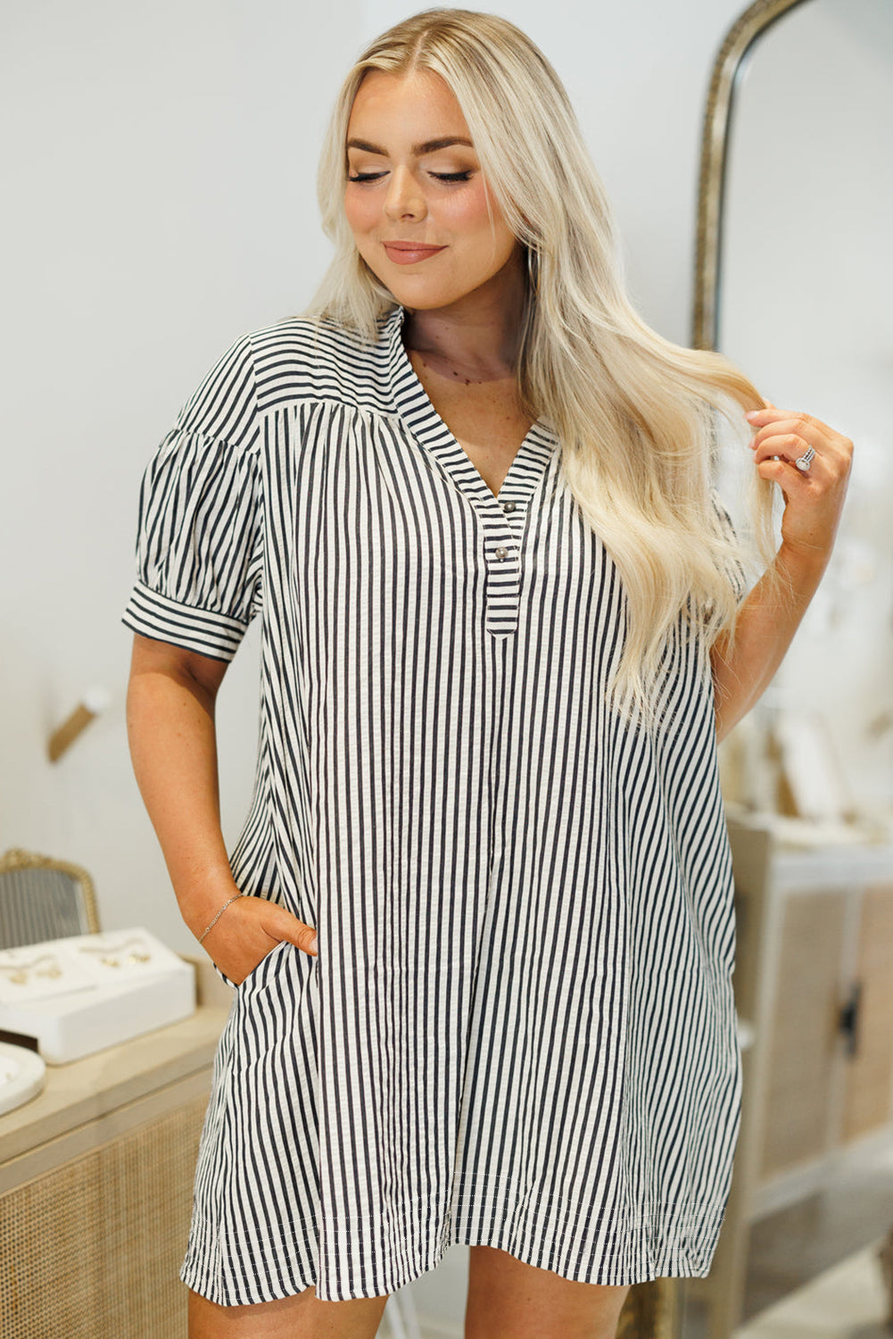 Curve Black Stripe Short Sleeve Buttoned V Neck Pocketed Mini Dress