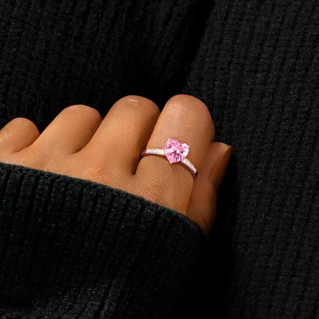 S925 Sterling Silver Pink Heart Adjustable Ring & Earrings