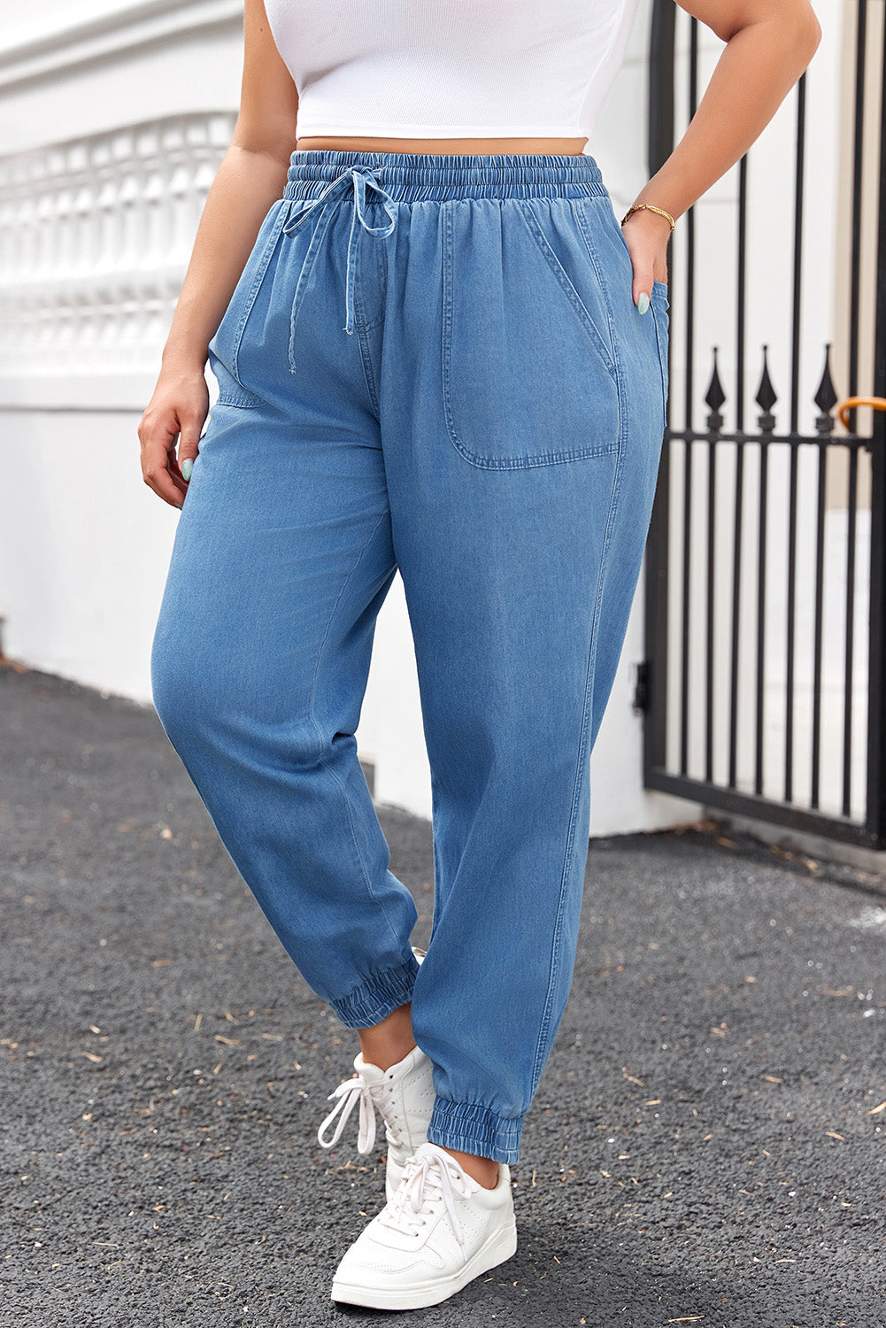 Curve Dusk Blue Drawstring Waist Pocketed Denim Joggers