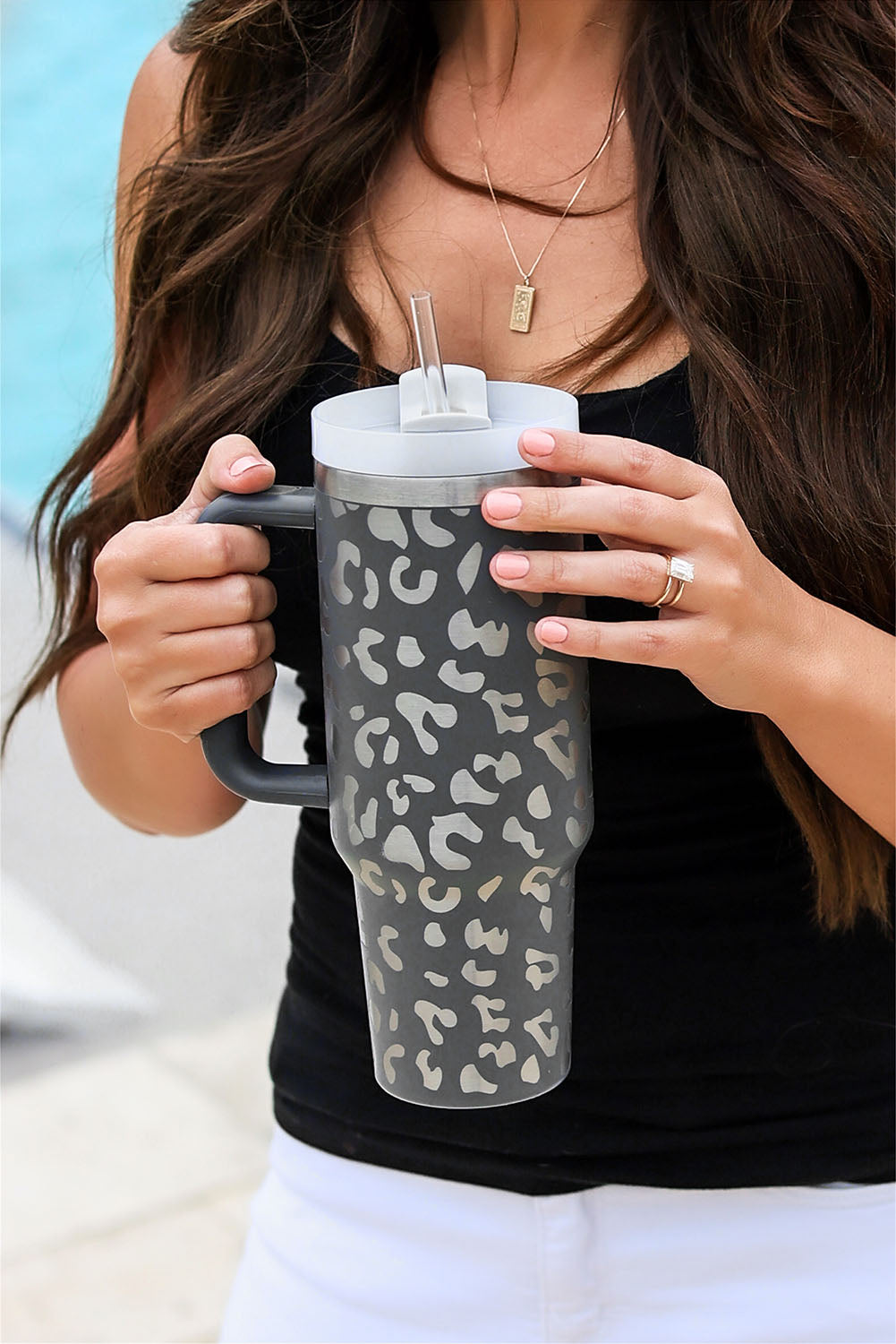 Grey Leopard Print 40OZ Stainless Steel Portable Cup with Handle