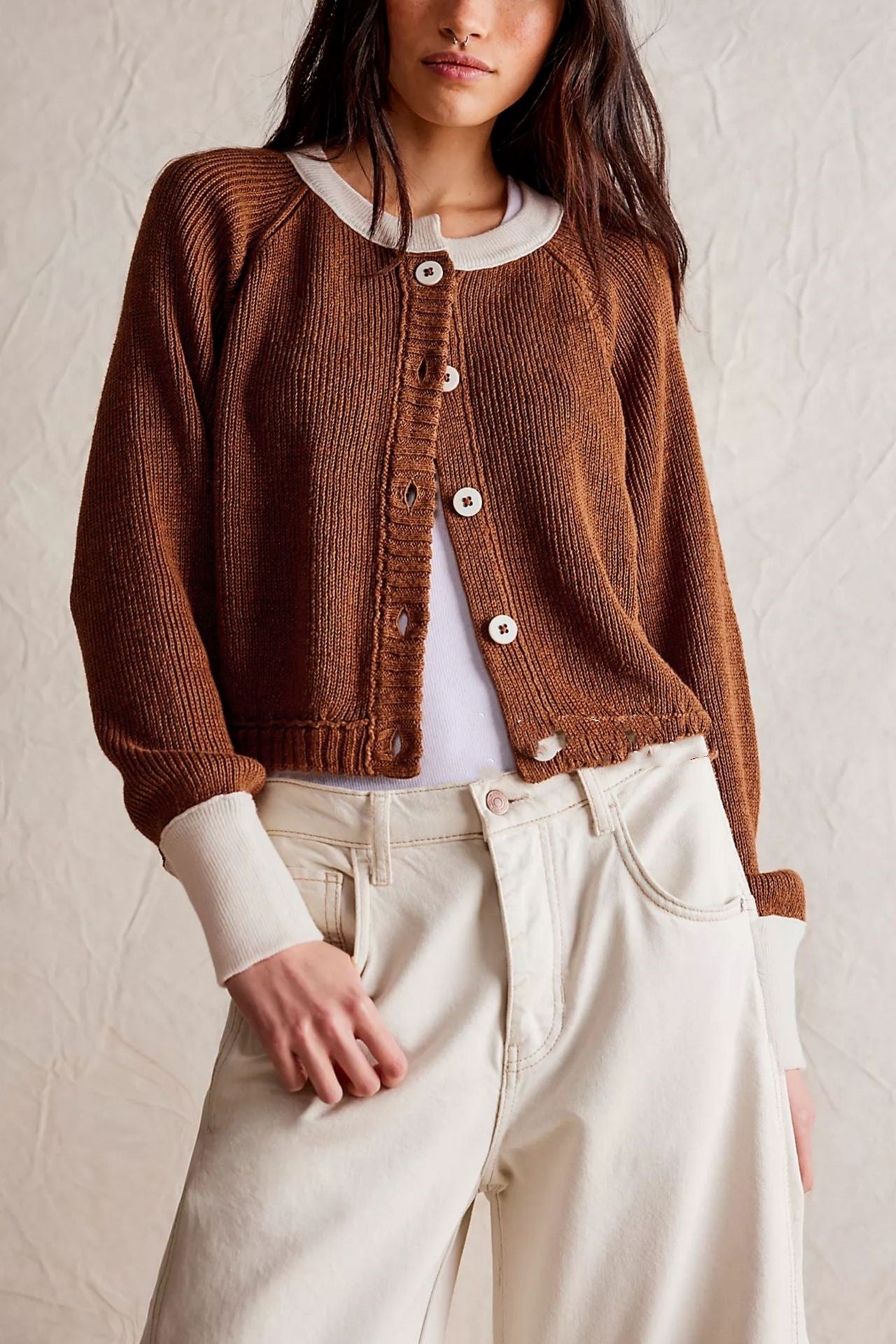 Contrast Colour Round Neck Cardigan
