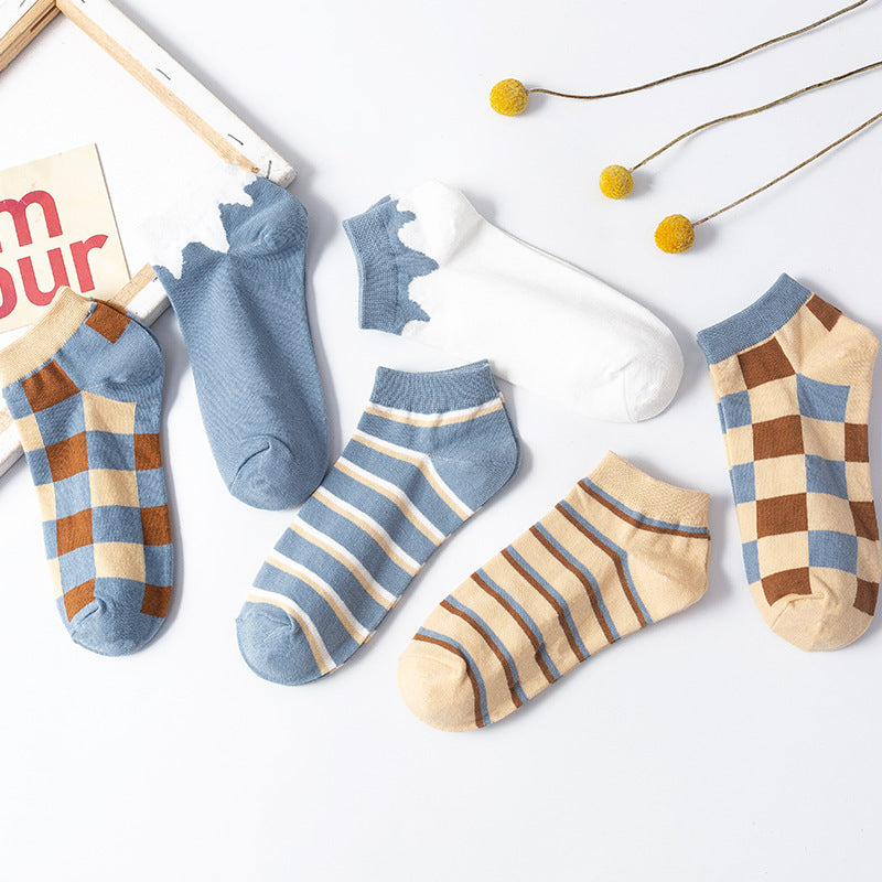 Plaid Sweet Blue Boat Socks Cotton College